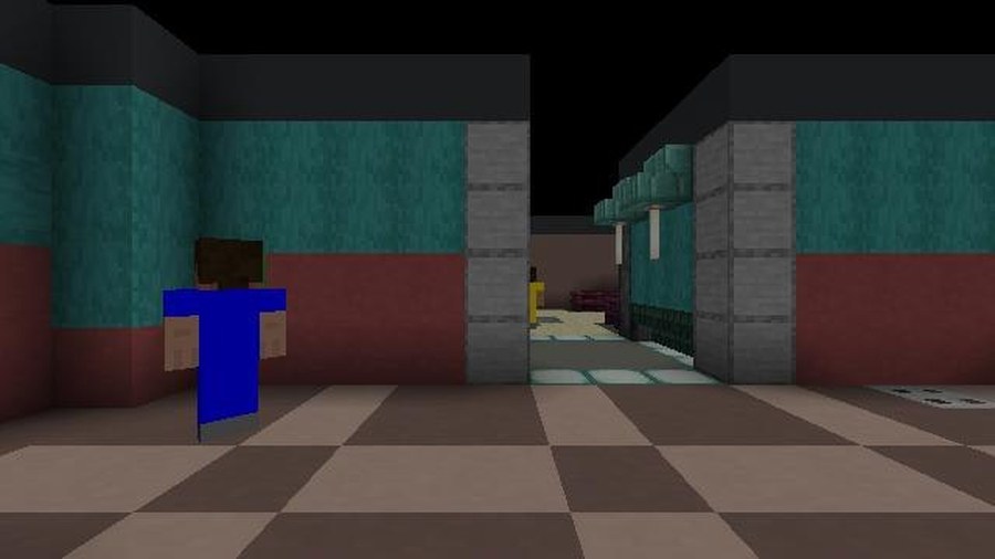 First-person view down a corridor: a blue crewmate close by, another player visible through a distant doorway.